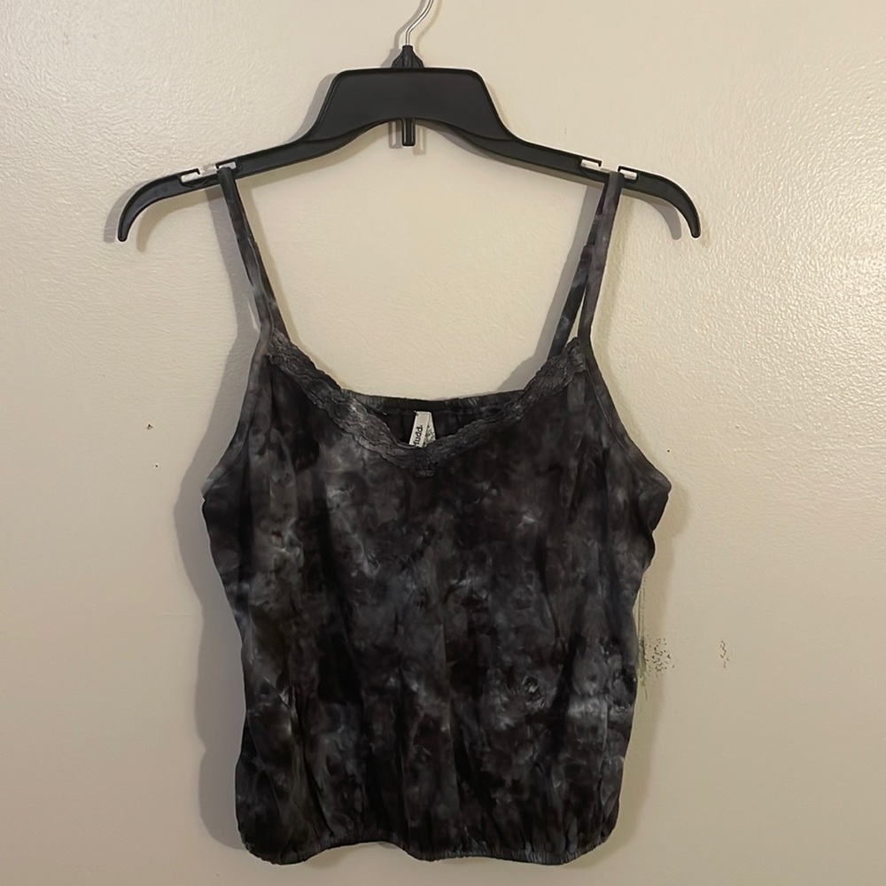 Large Mudd Greyish Black Cropped and Cinched Tie Dyed Tank Top